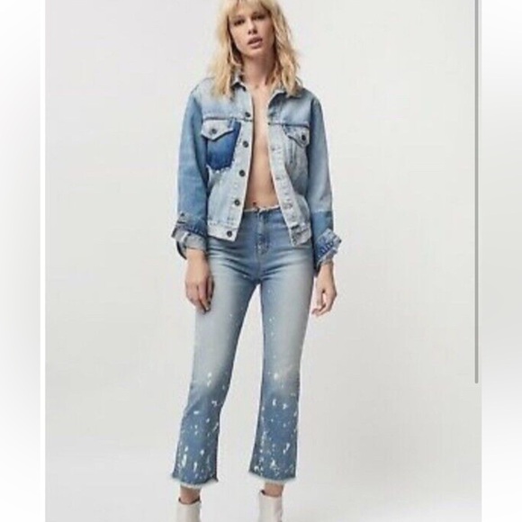 Free People The Cropped Bootcut Jeans denim Raw Waistband Bleach Spots Size 28 - Picture 1 of 7
